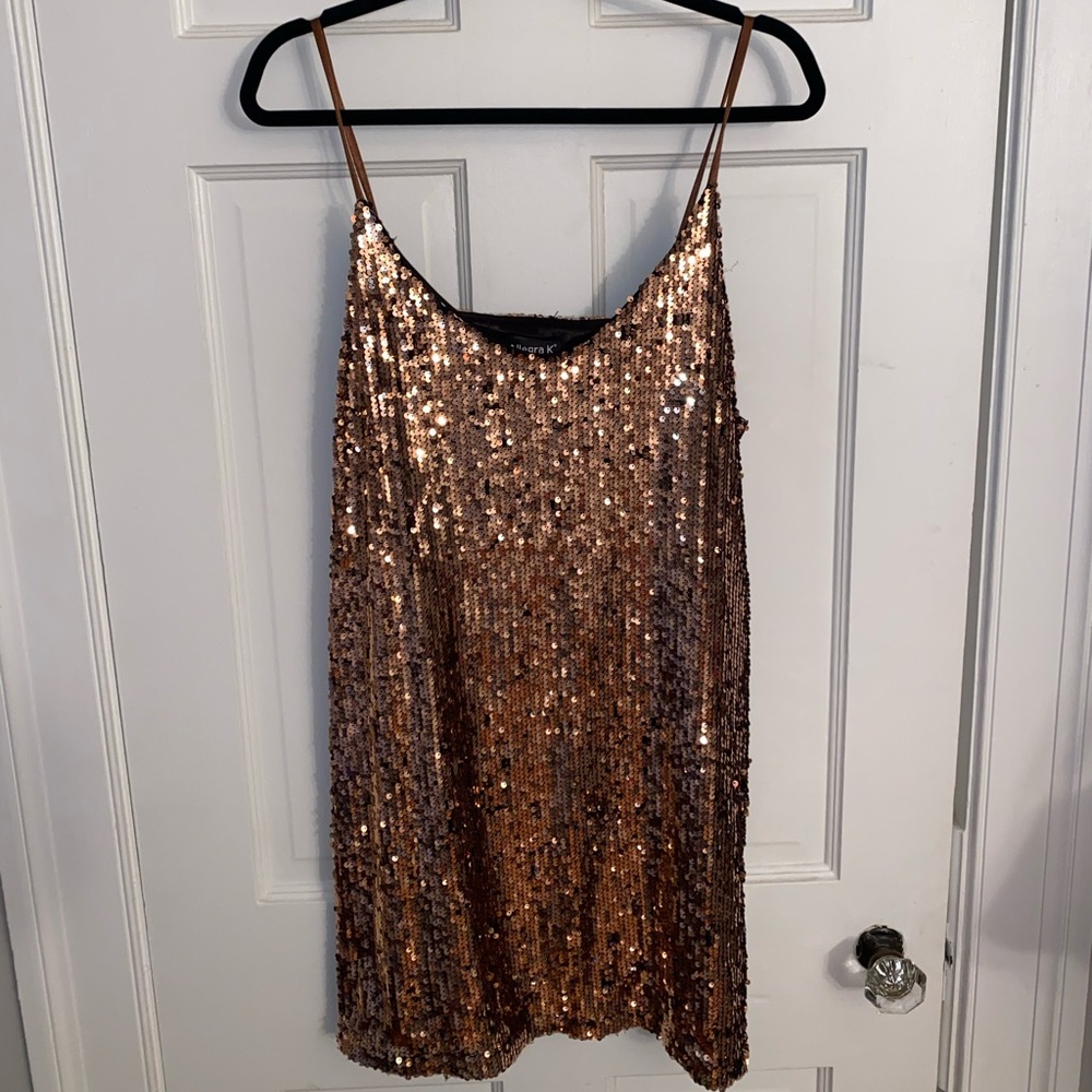 Mini Gold/Bronze Sequin V Neck Spaghetti Strap Party Dress
